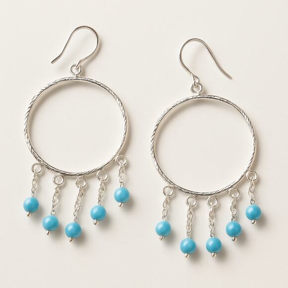 Sterling Silver Hoop Earrings Blue Beads 3 Inch Vintage Dangle Jewelry - Picture 1 of 10